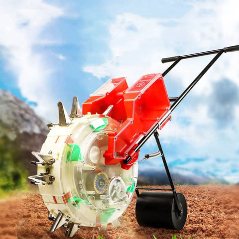 Walk Behind Garden Seeder Spreader With Eight Seed Plates And Dual Buckets For Lawn And Farm on tilled soil background