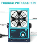 Pro Grade Ion Blower For Static Elimination And Ion Neutralization In Electronics Workstations And Maintenance A Powerhouse Tool For Clean Rooms And DIY Electronics Enthusiasts. Blue desktop ion blower with fan grille and control knobs