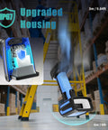 Rock Solid Wireless Barcode Scanner With Charging Stand close-up showcasing IP67 waterproof housing in warehouse setting.