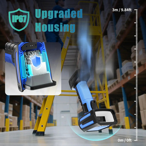 Rock Solid Wireless Barcode Scanner With Charging Stand close-up showcasing IP67 waterproof housing in warehouse setting.
