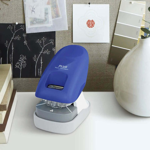 Desktop Staple Free Stapler That Zips Through Up To 10 Pages Without Staples Bright Blue Finish on desk