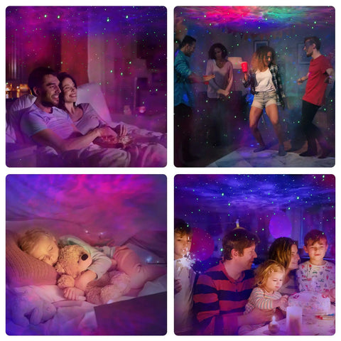 Groups enjoying Smart Star Projector With WiFi Galaxy Light And 16 Million Nebula Effects, app control for various settings.