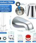 Chrome Tub Shower Trim Kit With Three Knob Set And Bath Spout, Fits Three Handle Tub Faucets, component details and dimensions