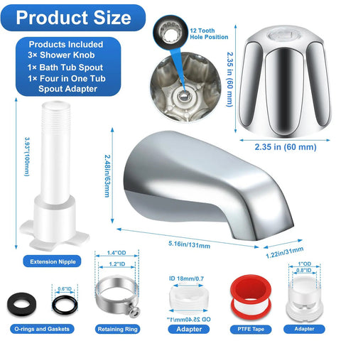 Chrome Tub Shower Trim Kit With Three Knob Set And Bath Spout, Fits Three Handle Tub Faucets, component details and dimensions
