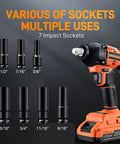 Beefy 20V Brushless Impact Wrench Kit With 1/2-Inch Drive, 7 sockets displayed, including 1/2" and 3/8" sizes, with LED light