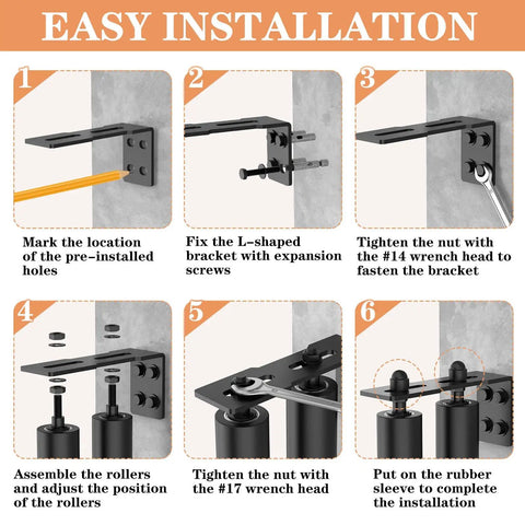 Installation steps for Heavy Duty Sliding Gate Roller Guide Set With 3 Inch Nylon Support, showing L-bracket and nylon rollers.
