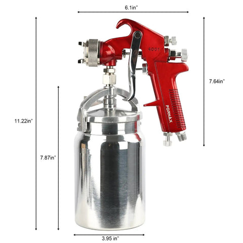 Top Shelf Siphon Feed Spray Gun With Stainless Steel Nozzles And Needles, One Liter Paint Cup, showcasing a sleek red and silver design.