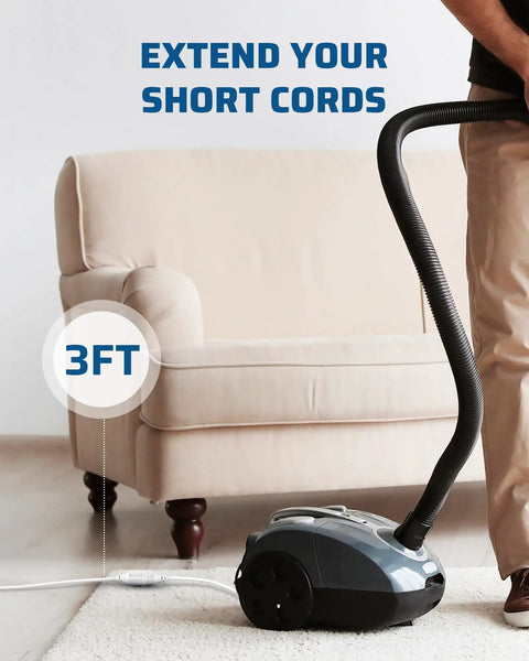 Person using Two Pack Three Foot Extension Cord Set With 16 AWG SJTW Weatherproof Power Cable For Indoor Use behind sofa