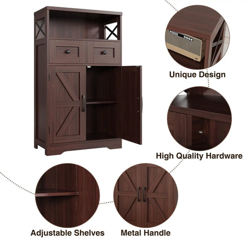 Sturdy Dark Brown Standing Go To Storage Cabinet With Drawers And Shelves For Kitchen Pantry And Home Bar Floor Hutch Cupboard Features