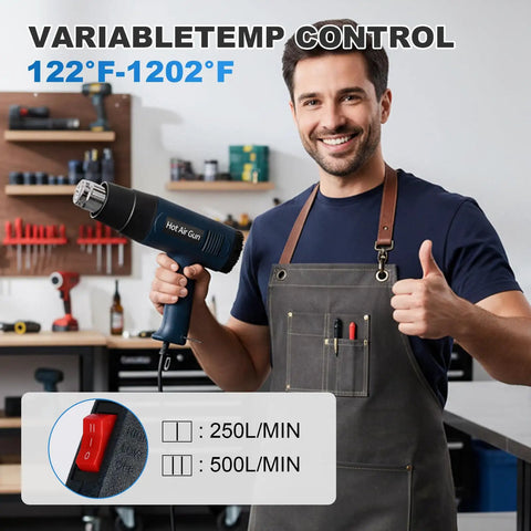Man holding Powerful 1800W Heat Gun for Crafting with Adjustable 122F to 1202F Temperature in workshop, wearing apron
