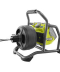 Powerful 18V Cordless Drain Auger Kit With 50 Ft Reel, 2Ah Battery, Charger, Pivoting Drum And Rubber Foot Pad, close-up view.