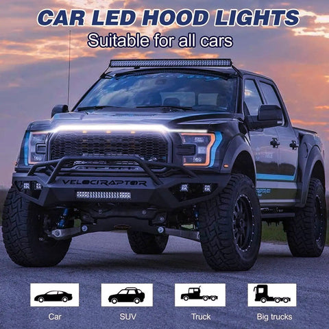 Lit 70 Inch 12V LED Hood Light Strip With Flexible Waterproof Design on truck at sunset