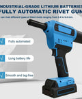 Heavy Duty Brushless Cordless Rivet Gun With Fast Trigger And Lithium Ion Battery For Pro Tradesmen Who Need A No Nonsense Tool That Grinds Out Steel And Sheet Metal Without Breaking A Sweat, blue automatic rivet gun with battery.