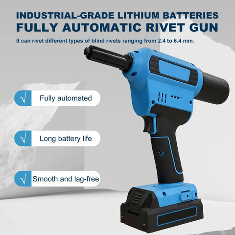 Heavy Duty Brushless Cordless Rivet Gun With Fast Trigger And Lithium Ion Battery For Pro Tradesmen Who Need A No Nonsense Tool That Grinds Out Steel And Sheet Metal Without Breaking A Sweat, blue automatic rivet gun with battery.
