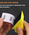 Handy 70 Piece Hand Sander Kit with hook and loop sandpaper being attached to 3.5x1 inch pad, showing 600 grit for tight spaces.
