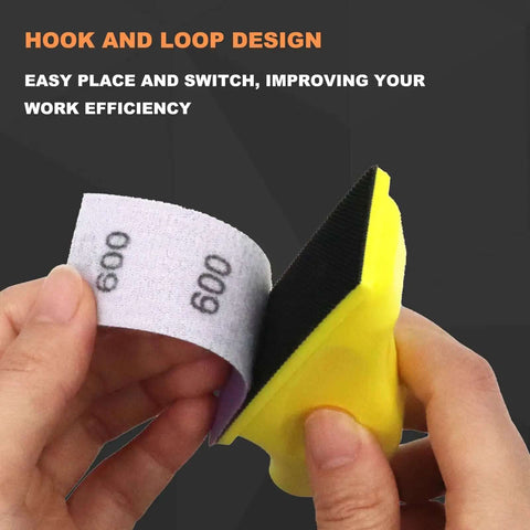 Handy 70 Piece Hand Sander Kit with hook and loop sandpaper being attached to 3.5x1 inch pad, showing 600 grit for tight spaces.