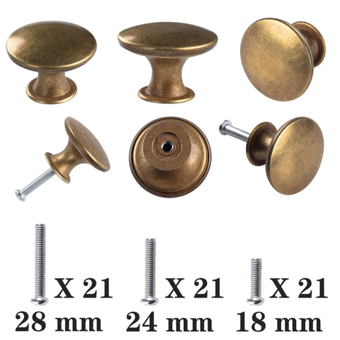 Brass Round Cabinet Knobs Set Antique Finish 20 Pack With Screws Kitchen, showing multiple angles and three screw sizes.