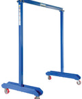 Top Shelf Portable Steel Gantry Crane For Garage Or Shop Use Featuring No Fuss Bolt Assembly Smooth Rolling Casters And A Rock Solid Two Thousand Pound Lift Capacity In Durable Blue viewed from the side.
