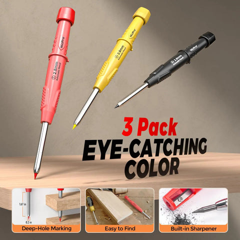 Absolute Banger Carpenter Pencil Kit Featuring Heavy Duty Mechanical Leads Vibrant Refills And Rugged Sheaths in red, yellow, and black.