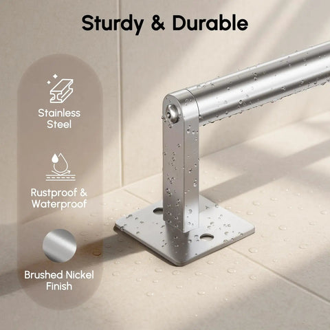 Brushed Nickel 5 Piece Bath Accessory Set With 18 Inch Towel Bar And 12 Inch Hand Towel Bar Wall Mounted SUS304 Stainless Steel Modern Durable Bathroom Hardware No Fuss Install showing stainless steel bar in brushed nickel finish with water droplets highlighting durability and rust resistance.