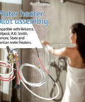 Water heater pilot assembly parts with metal valve, white tubing, and red and black wires