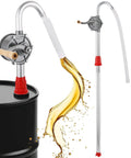Heavy Duty Hand Crank Drum Pump For 55 Gallon Barrels with aluminum suction tube and fluid pouring from the spout.