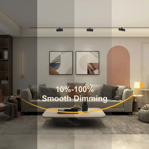 Living room with Dope 3 Color Dimmable LED Track Lighting Heads H Type Bright Track Light Fixtures, highlighting dimming effect.