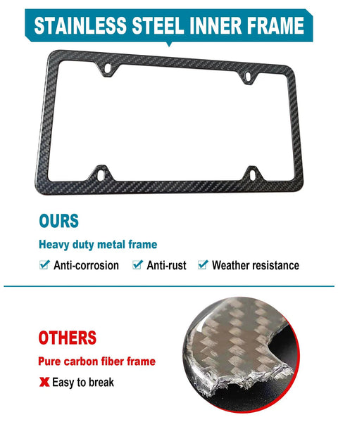 Real Carbon Fiber License Plate Frame Hand Wrapped With Stainless Steel Holder Black Car Tag Cover Slim 4 Hole Edge Glossy