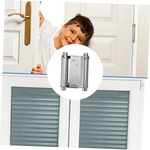 Heavy Duty Double Action Spring Hinge 2Pack Stainless Steel Cafe Saloon Door Hardware Rust Proof Silver Finish displayed with a smiling child.