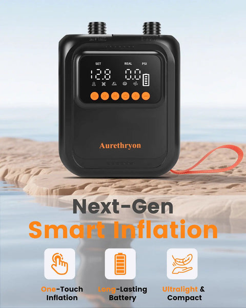 Rechargeable Electric Paddle Board Pump With 20 PSI 13500mAh USB C Battery Portable SUP Air Pump on wooden surface