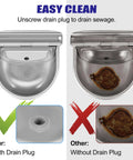 No Fuss Automatic Livestock Water Dispenser With Heavy Duty Stainless Steel Horse Water Bowl and Slick Float Valve Auto Fill Trough, drain plug detail.