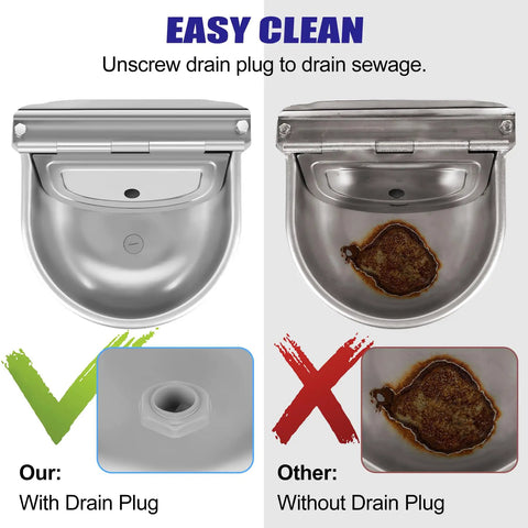 No Fuss Automatic Livestock Water Dispenser With Heavy Duty Stainless Steel Horse Water Bowl and Slick Float Valve Auto Fill Trough, drain plug detail.