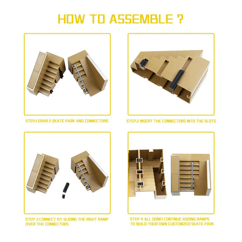 Assembly instructions for Finger Skate Park Kit Bigger Ramp Set With Five Parts showing steps to connect ramps and connectors.