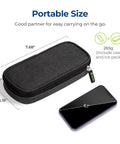 Portable insulin cooler travel case with two 90g TSA ice packs, black, shown next to a smartphone for size comparison, 265g weight.