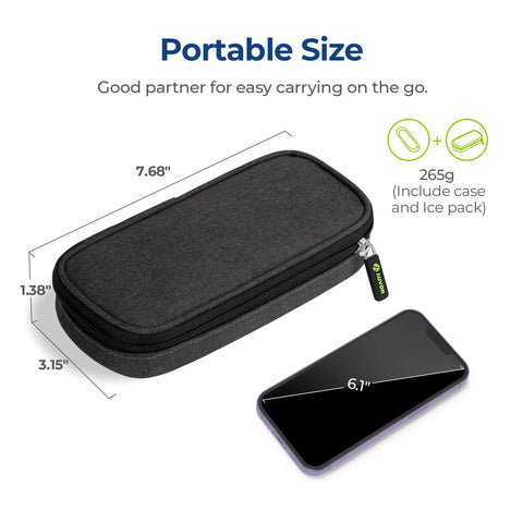 Portable insulin cooler travel case with two 90g TSA ice packs, black, shown next to a smartphone for size comparison, 265g weight.