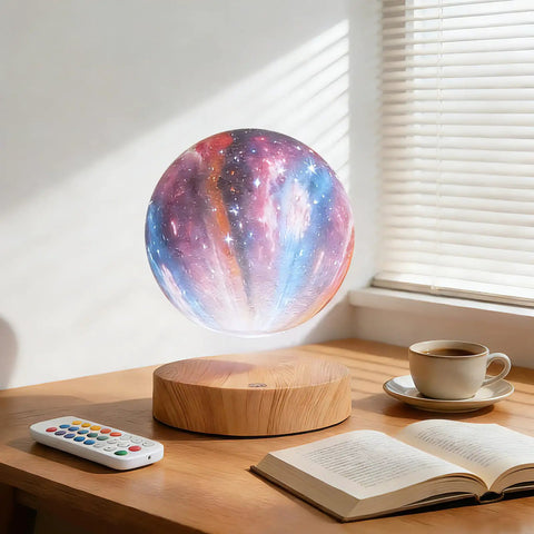 Levitating Moon Lamp 5.9 Inch Magnetic Floating Moon Light With Remote 3D Galaxy Moon Lamp on wooden base in office setting