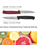 12 Piece Paring Knife Set for Home and Commercial Kitchens With Multipurpose Small Utility Knives and a Sharp German Steel Blade for Peeling Trimming Garnishing Slicing Black and Red Handles, showing two knives with 3.5-inch blades and vibrant fruit slices.