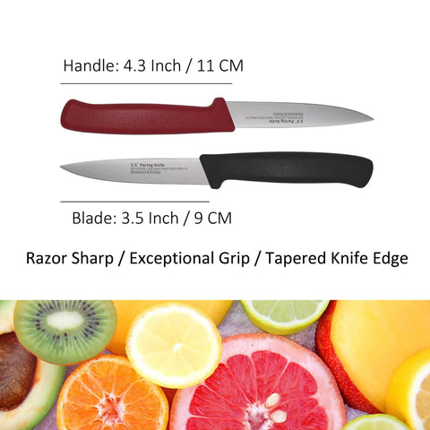 12 Piece Paring Knife Set for Home and Commercial Kitchens With Multipurpose Small Utility Knives and a Sharp German Steel Blade for Peeling Trimming Garnishing Slicing Black and Red Handles, showing two knives with 3.5-inch blades and vibrant fruit slices.