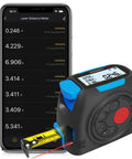 2 In 1 Laser Distance Meter And Auto Lock Tape Measure with phone displaying real-time digital readings