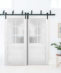 Slick Bypass Barn Sliding Doors With Frosted Glass And Solid Wood Panels White 56x96 In Classic Farmhouse Style Hardware Included