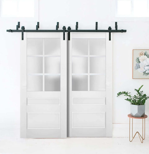 Slick Bypass Barn Sliding Doors With Frosted Glass And Solid Wood Panels White 56x96 In Classic Farmhouse Style Hardware Included