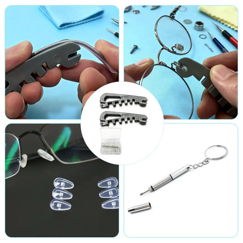 Glasses Tightening Kit with 2 Pcs and 20 Ultra Soft Nose Pads, 2 Temple Tools for easy bending, 3-in-1 Adjustment Tool