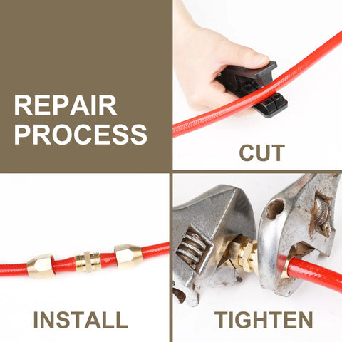 Repair process with Four Piece Solid Brass Reusable Fittings For One Quarter Inch ID PU Hose, Air Hose Splicer End Repair Kit
