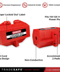 Industrial Grade Lockout Tagout Plug Lock For 110 To 125V Electrical Safety Boss Level Safety Nonconductive Polypropylene Lockout Device Fits Up To 1-3/4 Inch Diameter Plugs Includes Two Cord Holes One Half Inch Diameter Durable Energy Isolation, red plug lock with danger label, two-padlock design