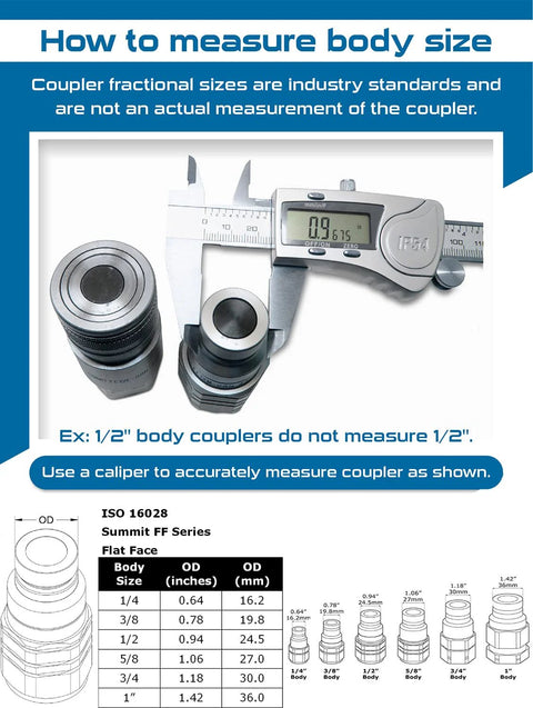Front view of Summit FF Series 1/4 in NPT flat-face hydraulic quick-connect couplers with dust caps