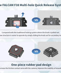 New F38 Multi Hole Camera Quick Release Plate Kit With 1 Quarter To 3 Eighth Inch Thread, showing locking system comparisons.