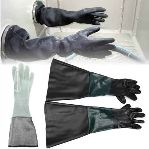 Heavy Duty 23 Point 6 Inch Rubber Sandblast Cabinet Gloves for Sandblasting and Abrasive Cabinets, black gloves with interlock lining.