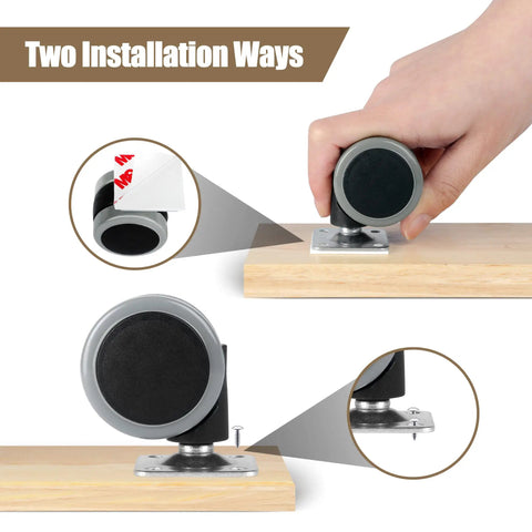 Easy Peasy Peel And Stick Caster Wheels For Trash Cans And Storage Bins With Smooth As Butter Rolling Action and Lightning Fast Setup No Messy Drilling Needed Lightweight 1.5 Inch Swivel Casters In A Solid Four Pack, showing two installation methods.