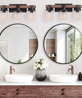 Industrial Rustic Farmhouse Vanity Light Fixtures Three Light Over Mirror With Pretty Glass Shades In Black Metal Wood Look above sinks