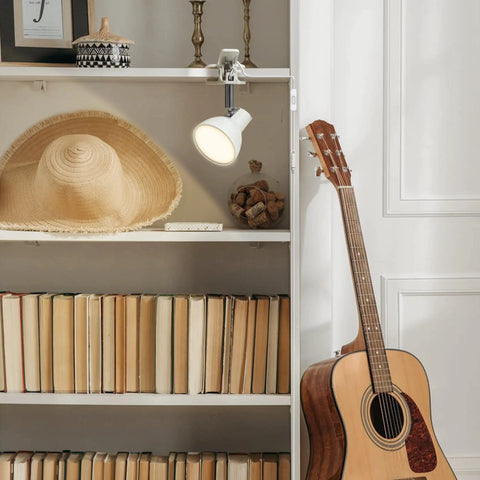 Lit Clip On LED Reading Light 5W 400LM with 330 degree rotation clamp on bookshelf over books and hat, modern bedroom lamp warm 3000K